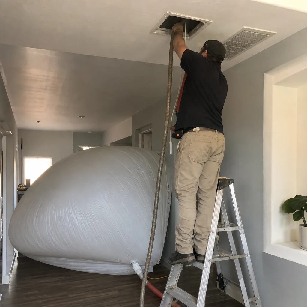 Technician performing professional air duct cleaning and HVAC system maintenance