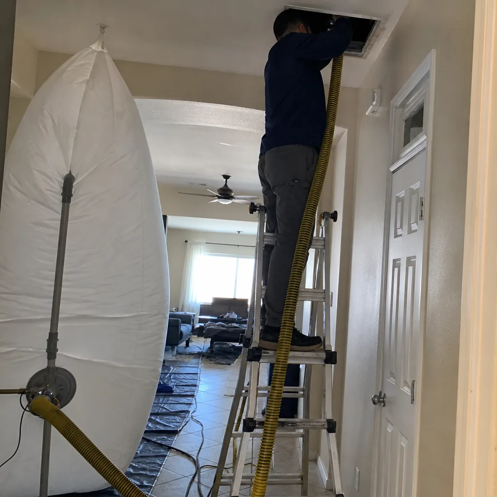 Technician performing professional residential air duct cleaning service with specialized vacuum equipment