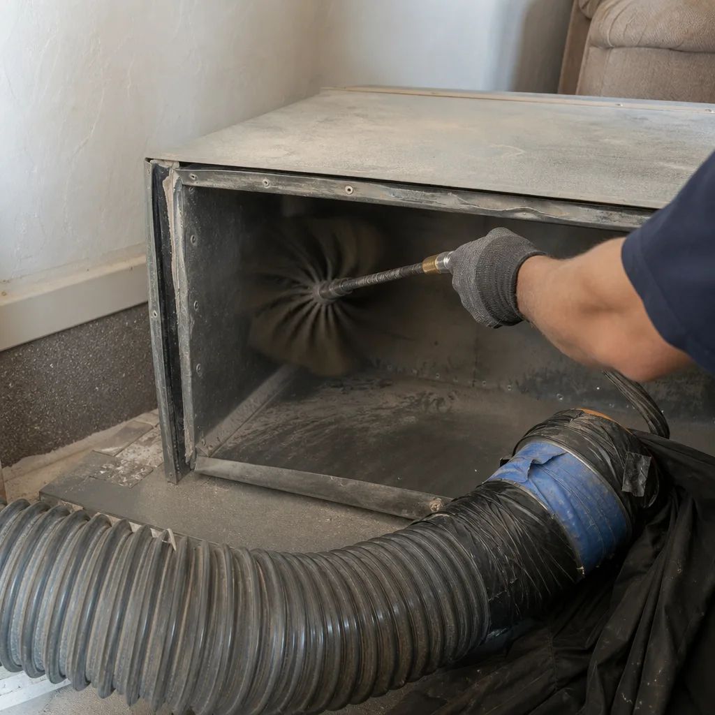 Technician performing professional air duct cleaning with a rotary brush tool