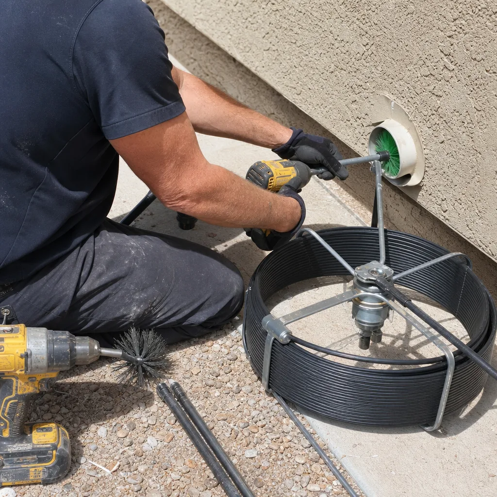 Technician using a rotary brush tool for professional dryer vent cleaning