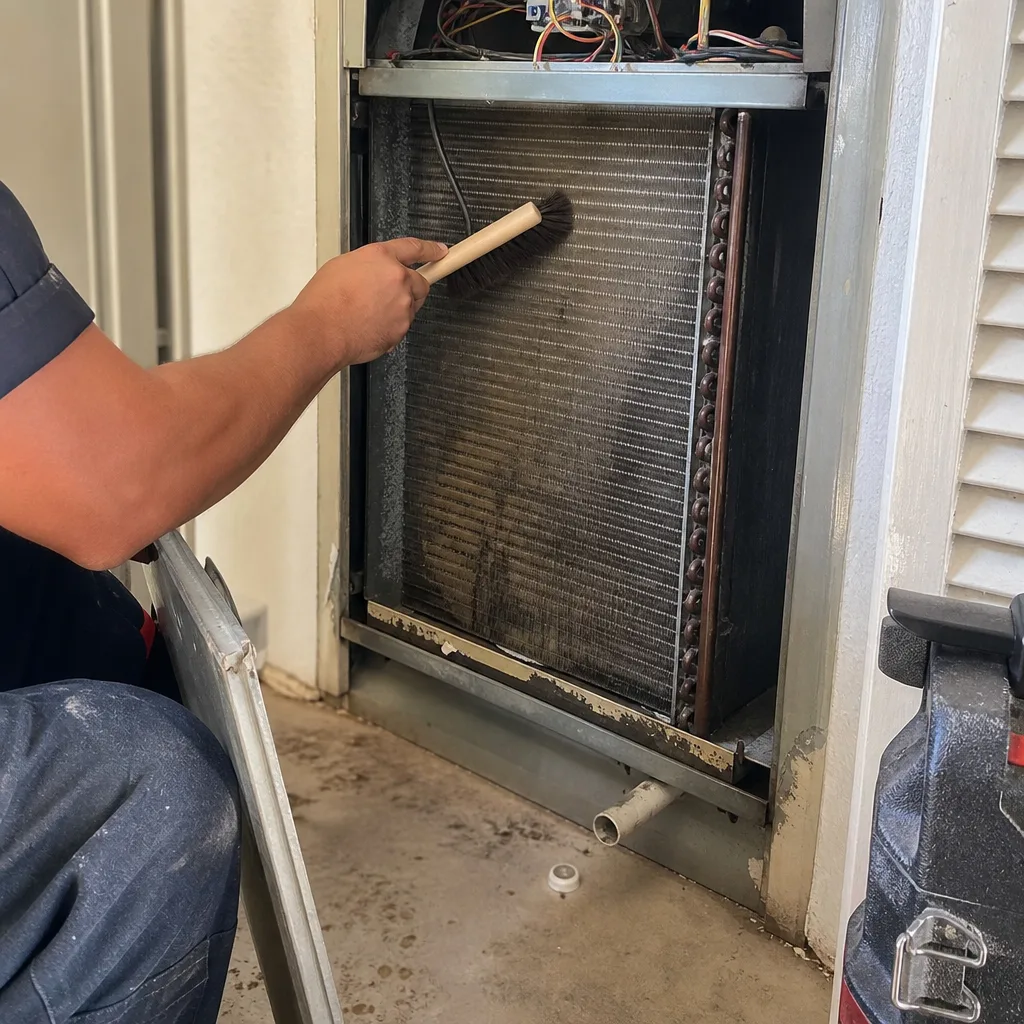 Technician cleaning HVAC evaporator coils with a brush for air conditioner maintenance