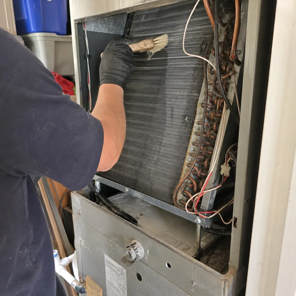 HVAC technician cleaning dusty evaporator coils on a furnace system